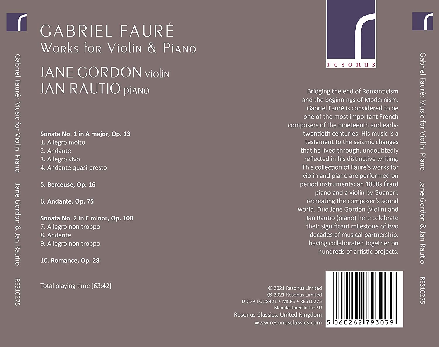 Jane Gordon 포레: 바이올린 소나타 1, 2번, 뱃노래, 로망스, 안단테 (Faure: Violin Sonatas Nos. 1, 2, Berceuse Op.16, Romance Op.28, Andante Op.75) 