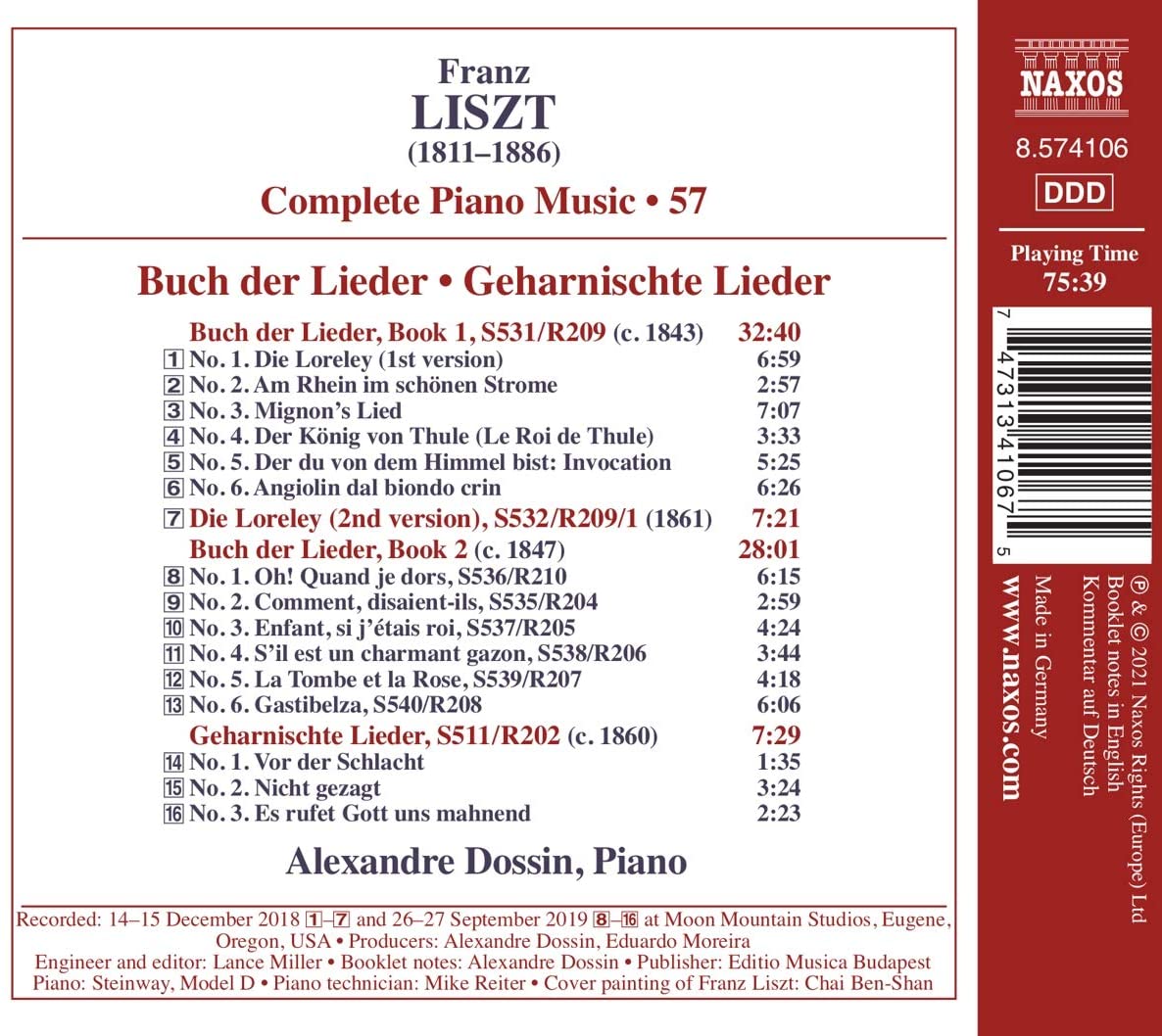 Alexandre Dossin 리스트 : 피아노 전곡 작품 57집 (Liszt: Buch der Lieder - Geharnischte Lieder) 