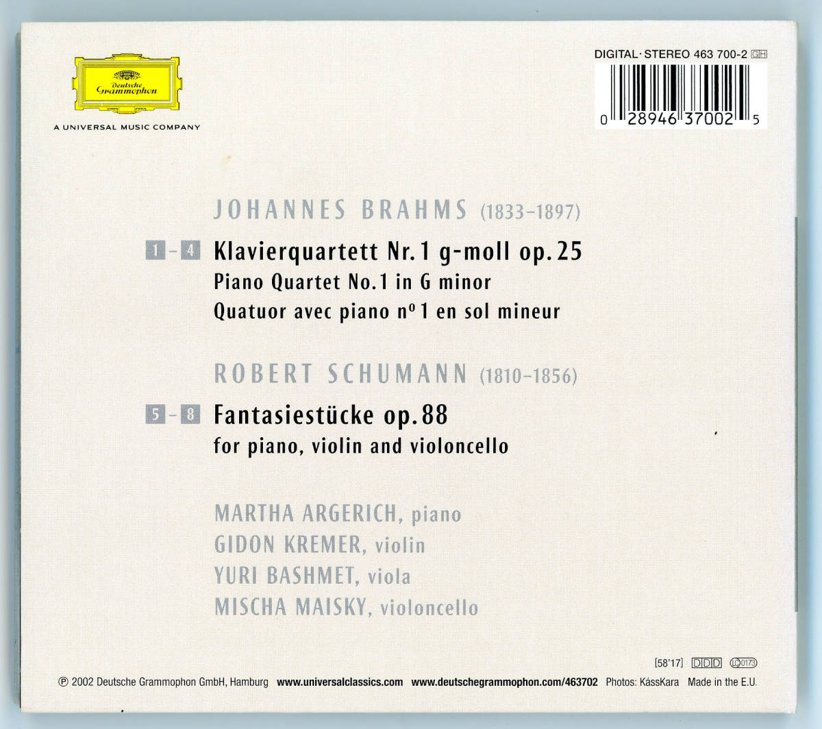 Martha Argerich / Mischa Maisky 브람스: 피아노 4중주 / 슈만: 환상 소곡 (Brahms : Piano Quartet op.25 / Schumann : Fantasiestucke op.88)