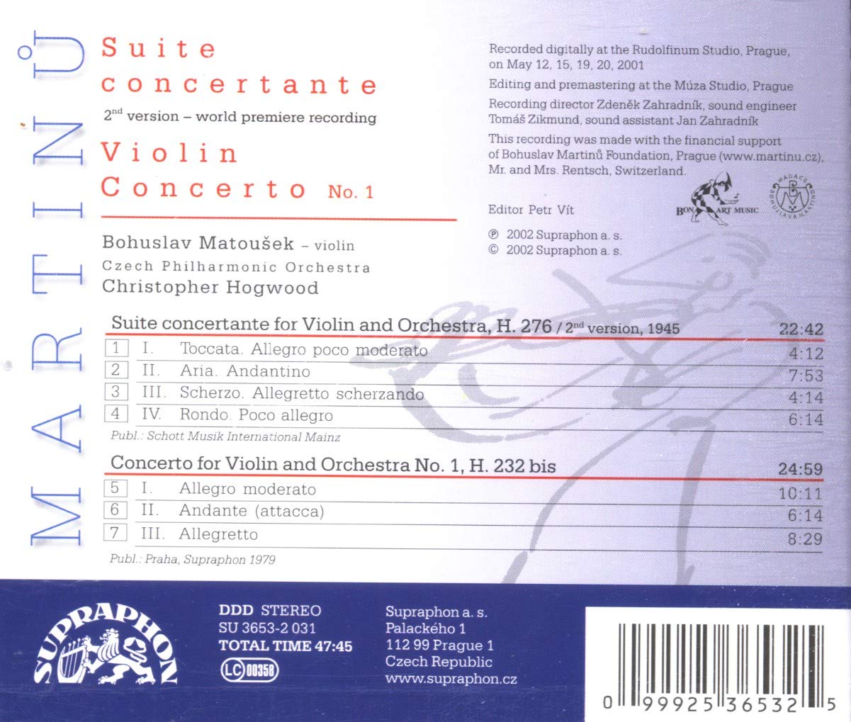 Christopher Hogwood 마르티누: 모음곡 콘체르탄테, 바이올린 협주곡 1번 (Martinu: Suite Concertante for Violin and Orchestra H.276, Violin Concerto H.232 bis) 