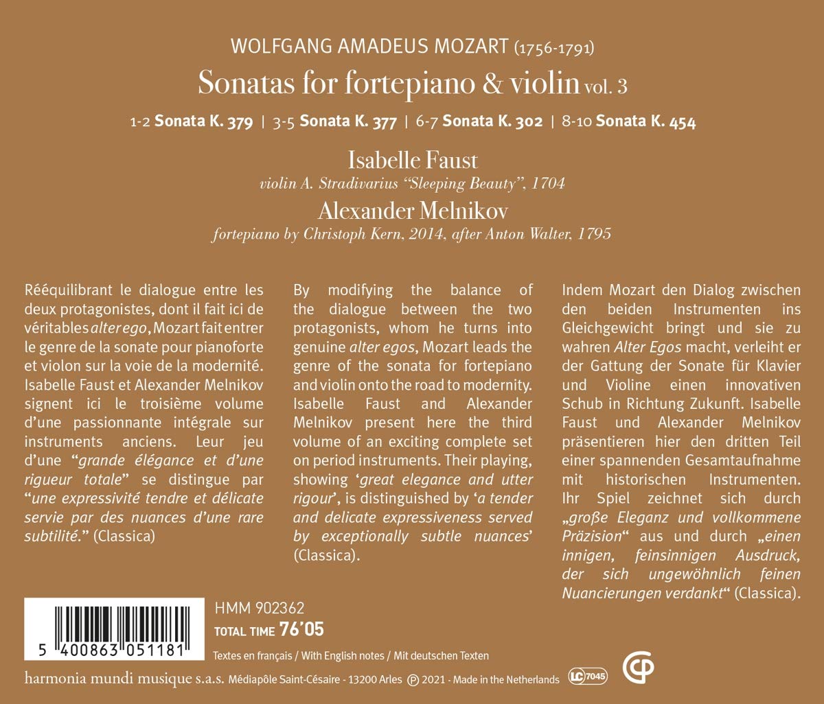 Isabelle Faust 모차르트: 바이올린 소나타 3집 K.302, 379, 377, 454 - 이자벨 파우스트 