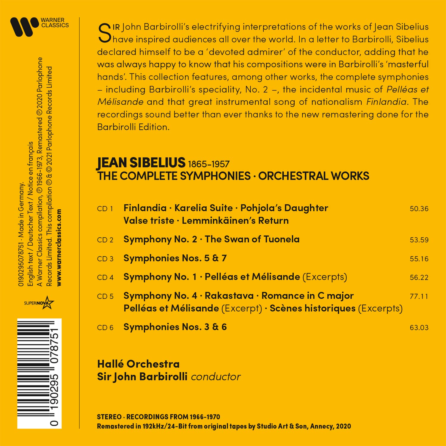 John Barbirolli 시벨리우스: 교향곡 전곡과 관현악 - 존 바비롤리 / 할레 오케스트라 (Sibelius: The Complete Symphonies Orchestral Works) 