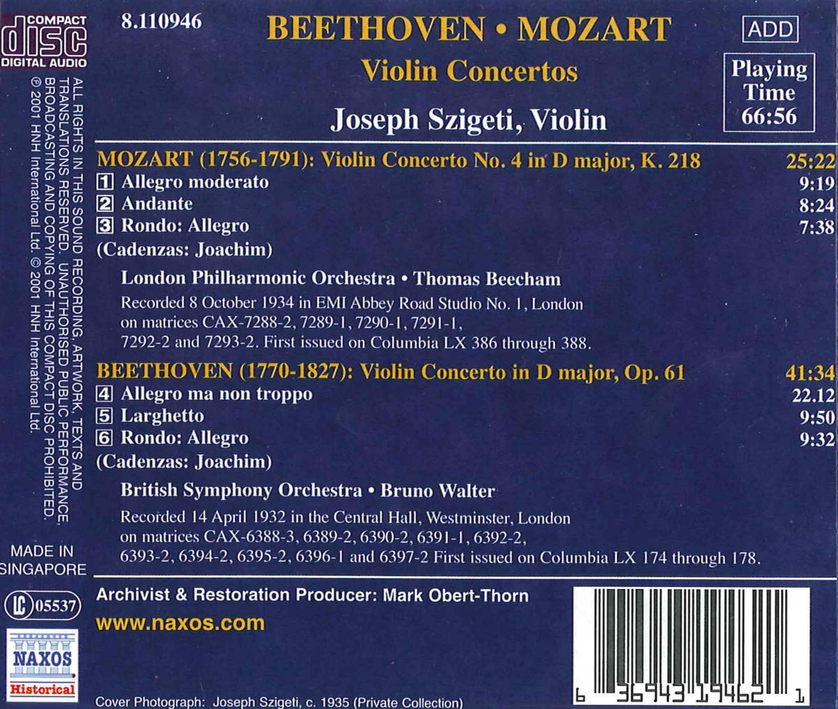 Joseph Szigeti  베토벤 / 모차르트: 바이올린 협주곡 - 요세프 시게티 (Beethoven: Violin Concerto Op.61 / Mozart: Violin Concerto K.218) 