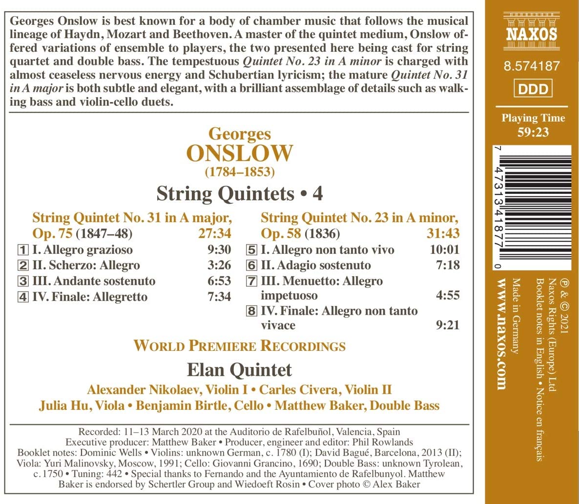 Elan Quintet 조르쥬 온슬로: 현악 오중주 4집 - 31, 23번 (Onslow: String Quintets, Vol. 4) 