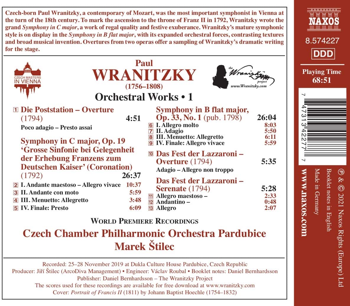 Marek Stilec 파울 브라니츠키: 관현악 작품 1집 (Paul Wranitzky: Orchestral Works Vol. 1) 