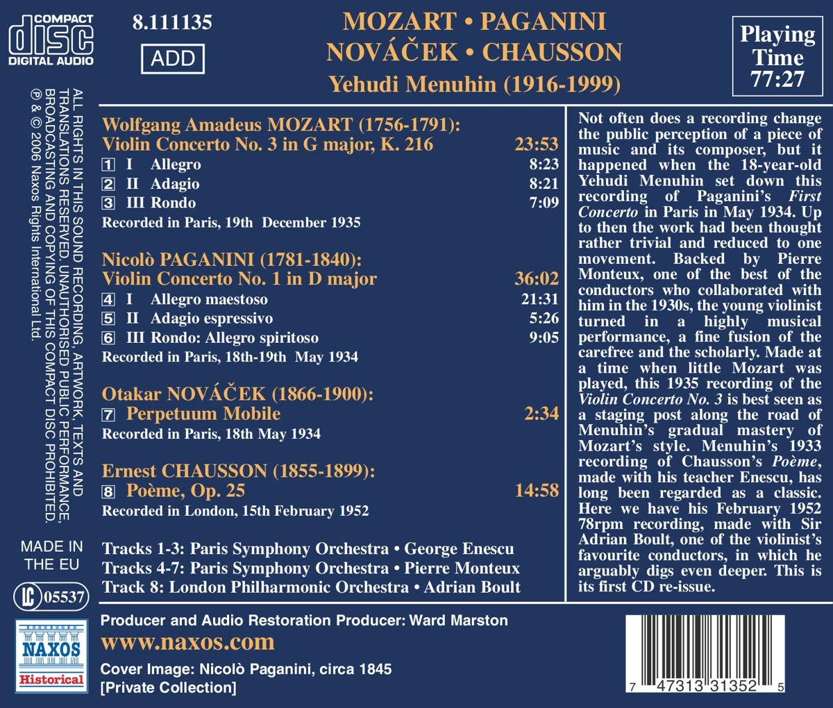 Yehudi Menuhin 모차르트: 바이올린 협주곡 3번 / 파가니니: 바이올린 협주곡 1번 (Mozart: Violin Concerto K.216, Paganini: Violin Concerto Op.6, MS21) 