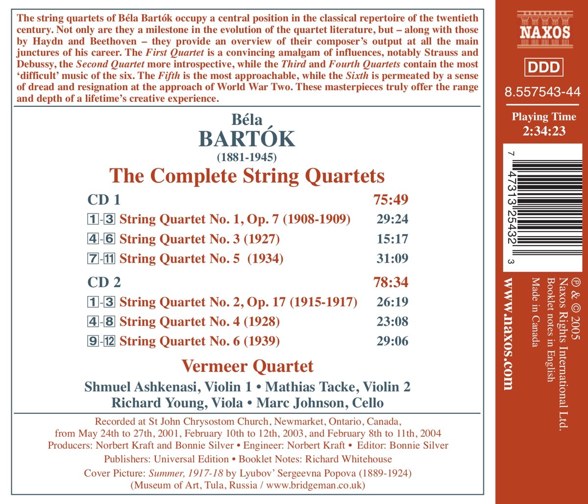 Vermeer Quartet 바르토크: 현악 사중주 전곡 (Bartok : String Quartet - Complete)