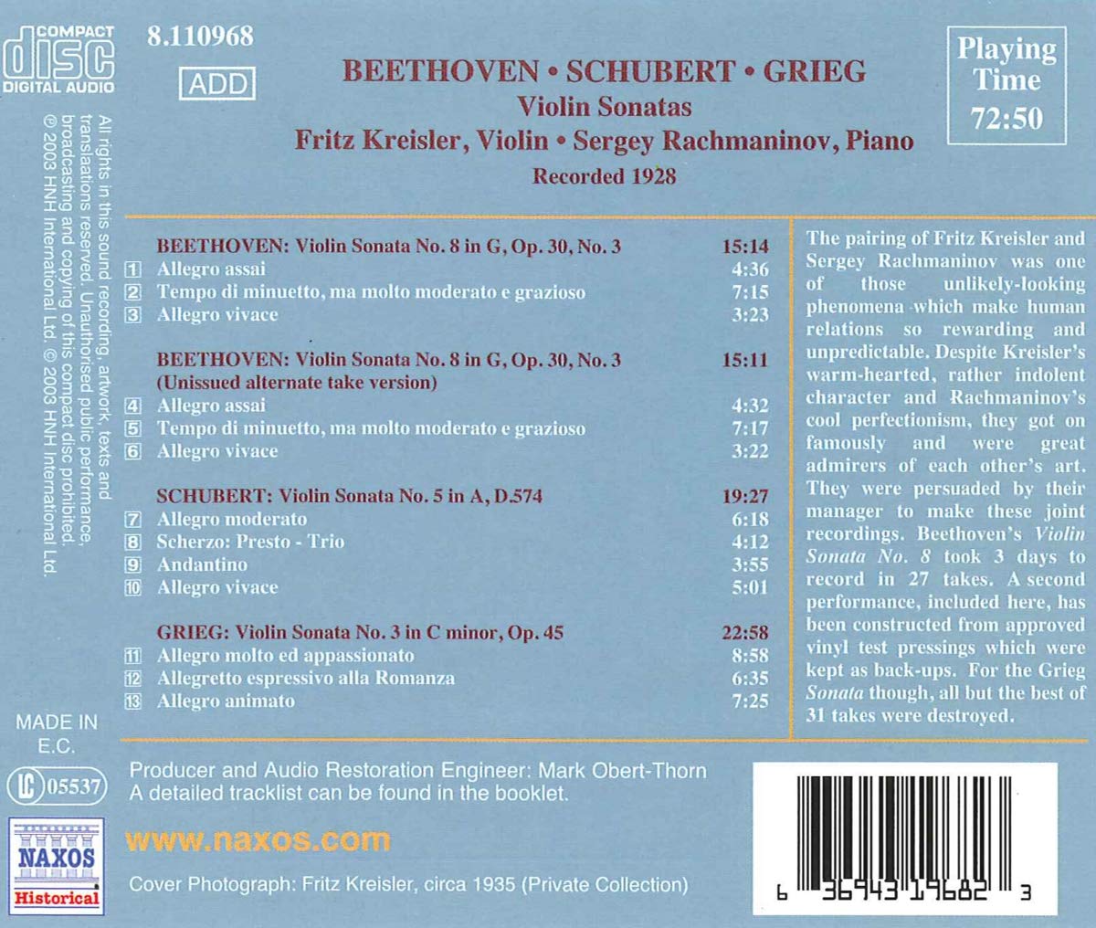 Fritz Kreisler / Sergey Rachmaninov 베토벤 / 슈베르트 / 그리그: 바이올린 소나타 모음 (Beethoven Violin Sonata No.8 Op.30 / Schubert: Violin Sonata No.5 D.574 / Grieg: Violin Sonata No.3 Op.45) 