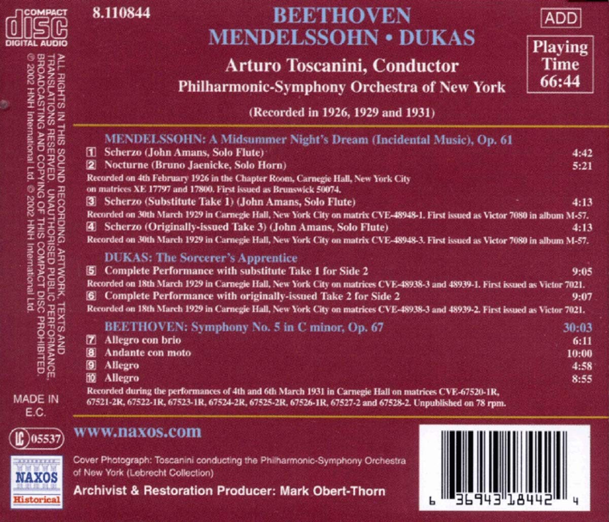 Arturo Toscanini 멘델스존: 한 여름밤의 꿈 / 뒤카: 마법사의 제자 / 베토벤: 교향곡 5번 (Mendelssohn: A Midsummer Night's Dream Op.61 / Dukas: L'apprenti sorcier / Beethoven: Symphony Op.67) 