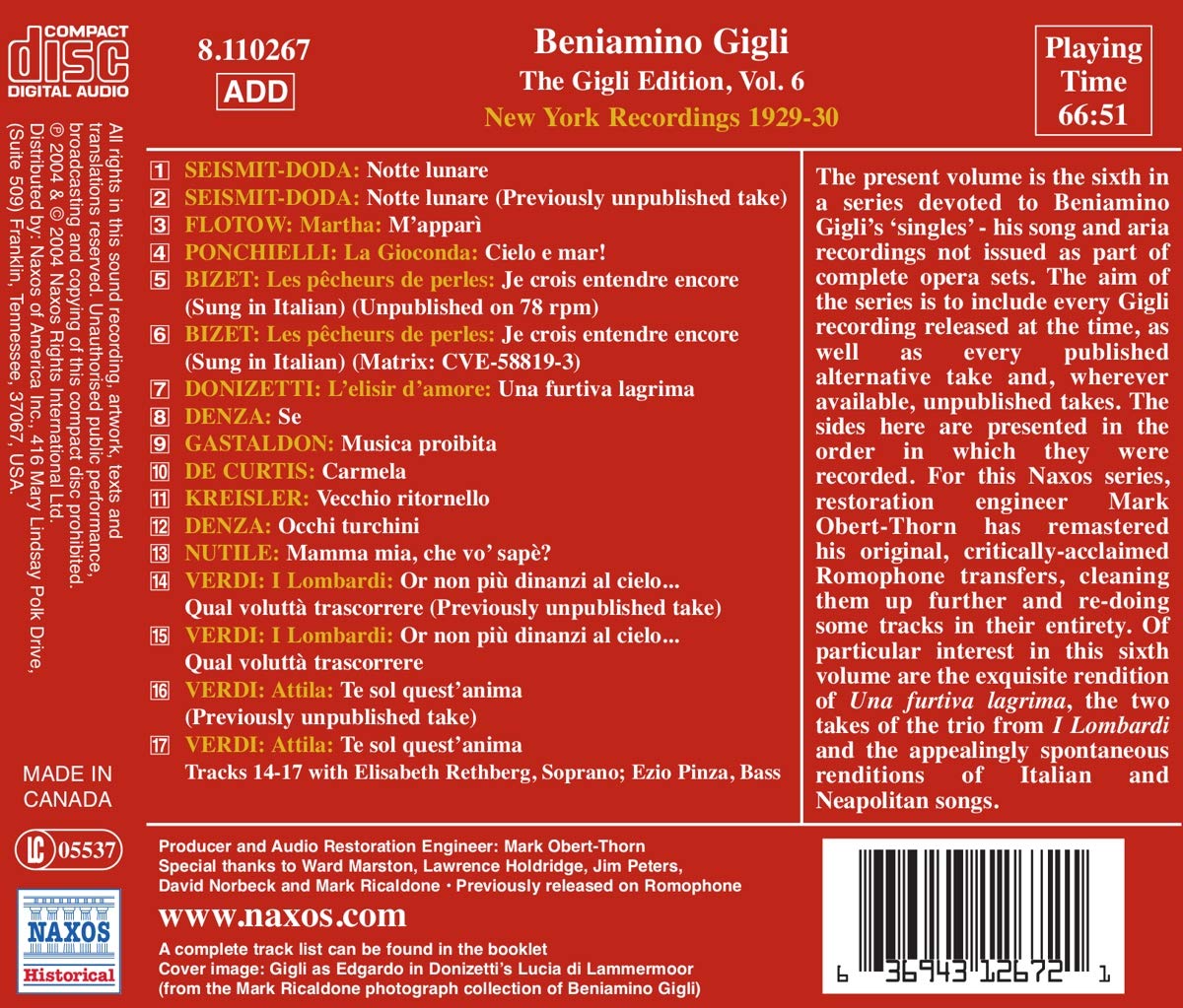 테너 베니아미노 질리 뉴욕 녹음 6집 (Beniamino Gigli - The New York Recordings Edition Vol. 6) 