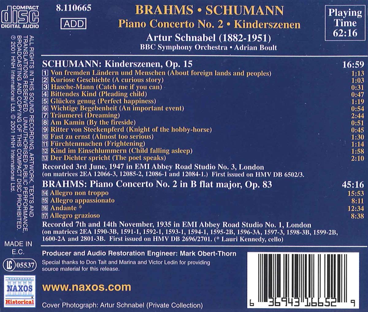 Artur Schnabel 브람스: 피아노 협주곡 2번 / 슈만: 어린이 정경 (Brahms : Piano Concerto Op.83 / Schumann : Kinderszenen) 