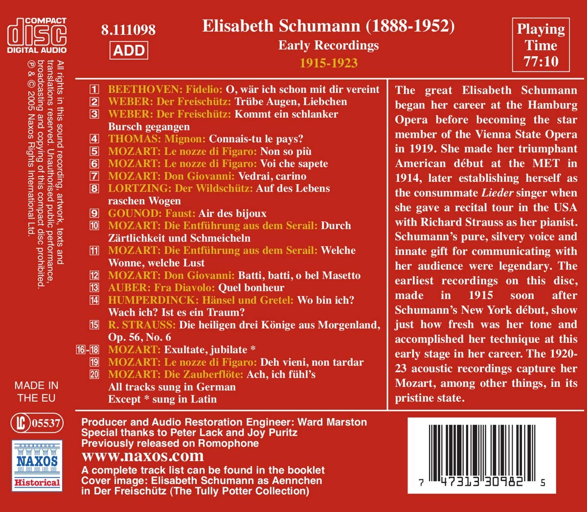 엘리자베스 슈만 - 초기 녹음집 (Elisabeth Schumann - Early Recordings : 1915-1923)