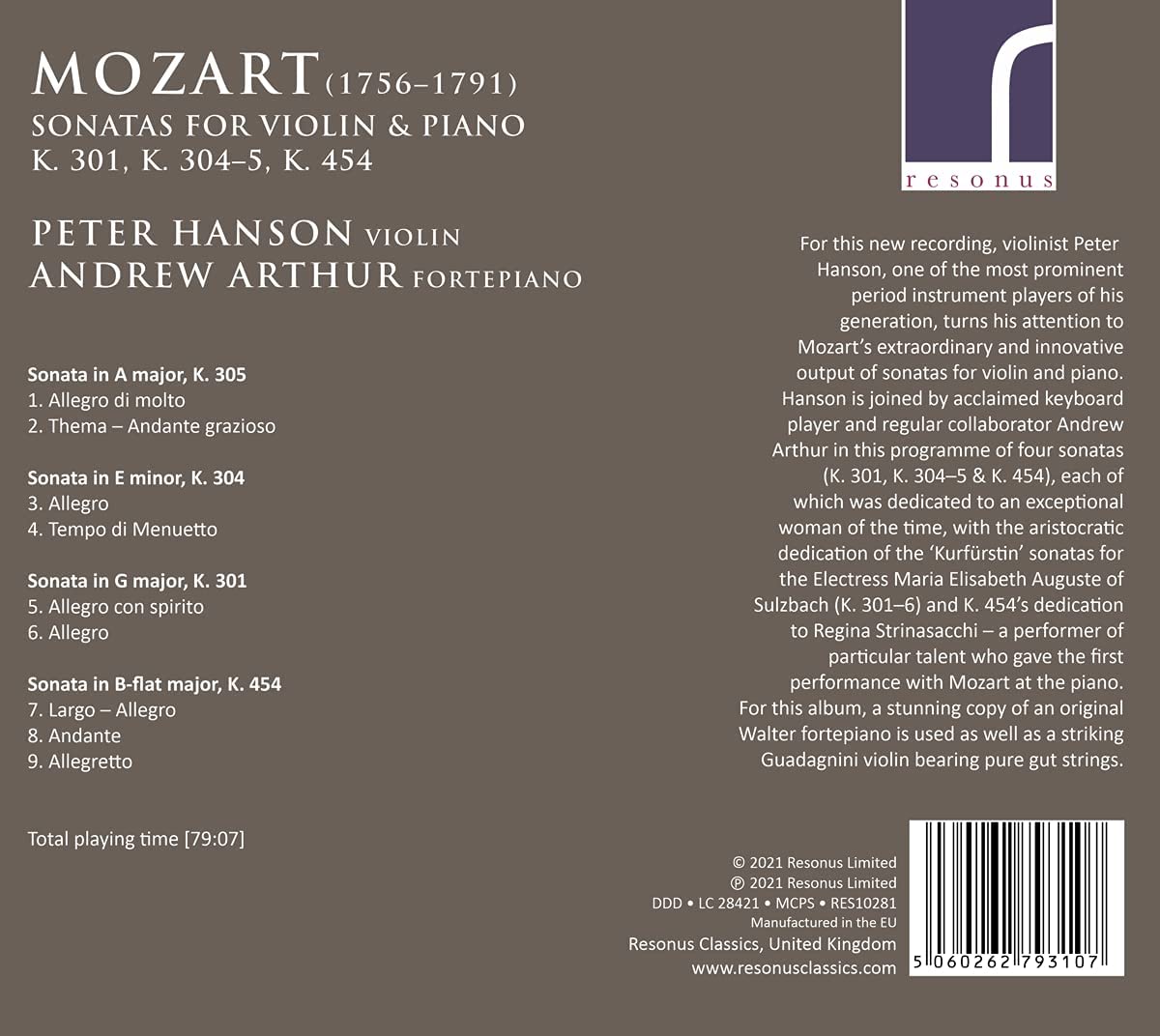 Peter Hanson 모차르트: 바이올린 소나타 18번, 21번, 22번, 32번 (Mozart: Violin Sonatas K.301, K.304, K.305, K.454) 