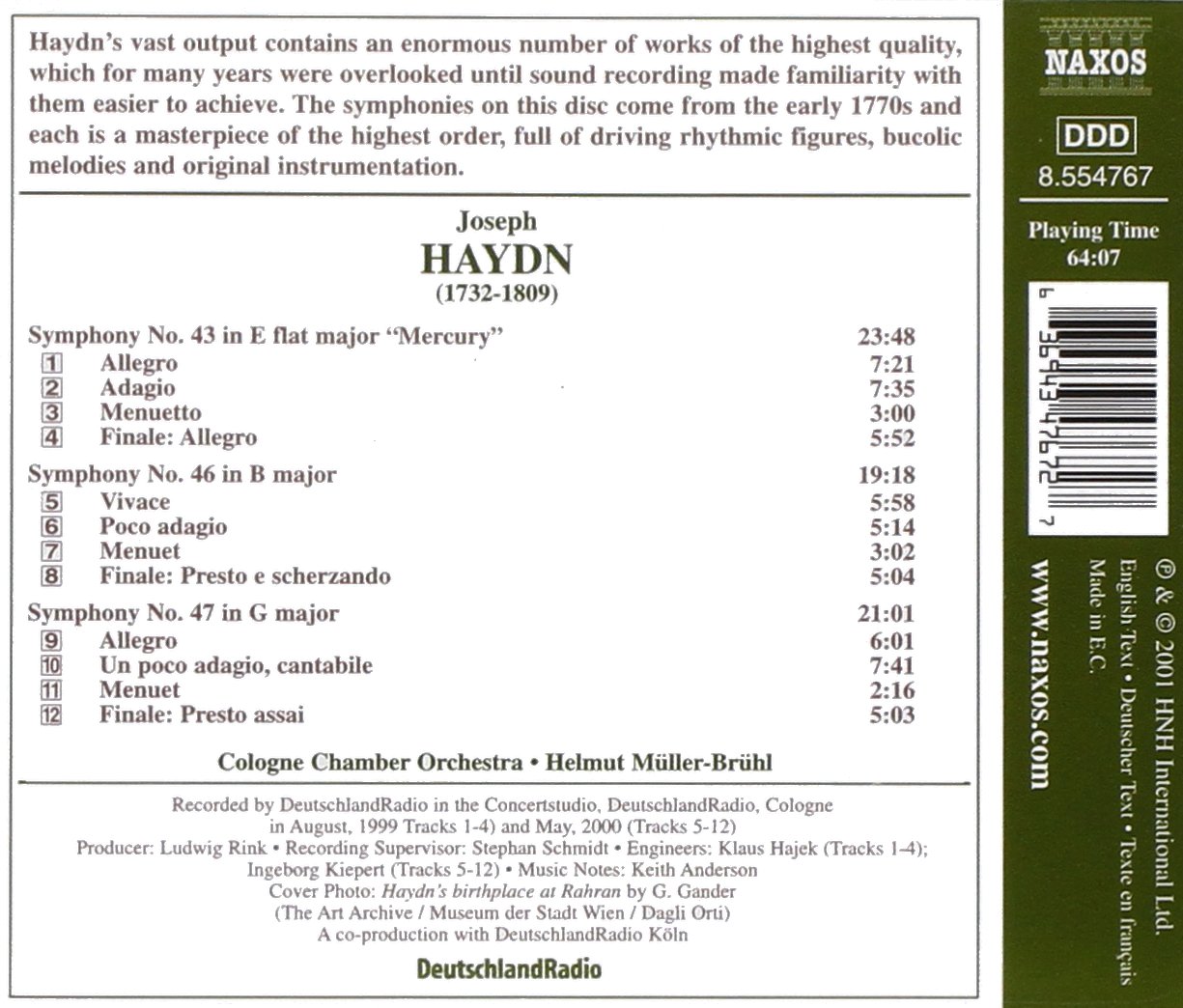 Helmut Muller-Bruhl 하이든: 교향곡 43번, 46번, 47번 (Haydn : Symphonies Hob.I:43, Hob.I:46, Hob.I:47) 