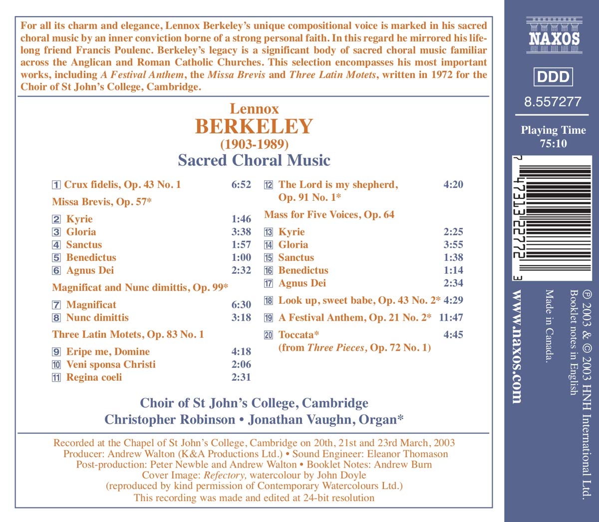 Christopher Robinson 레녹스 버클리: 종교 합창음악 모음 (Lennox Berkeley : Sacred Choral Music) 