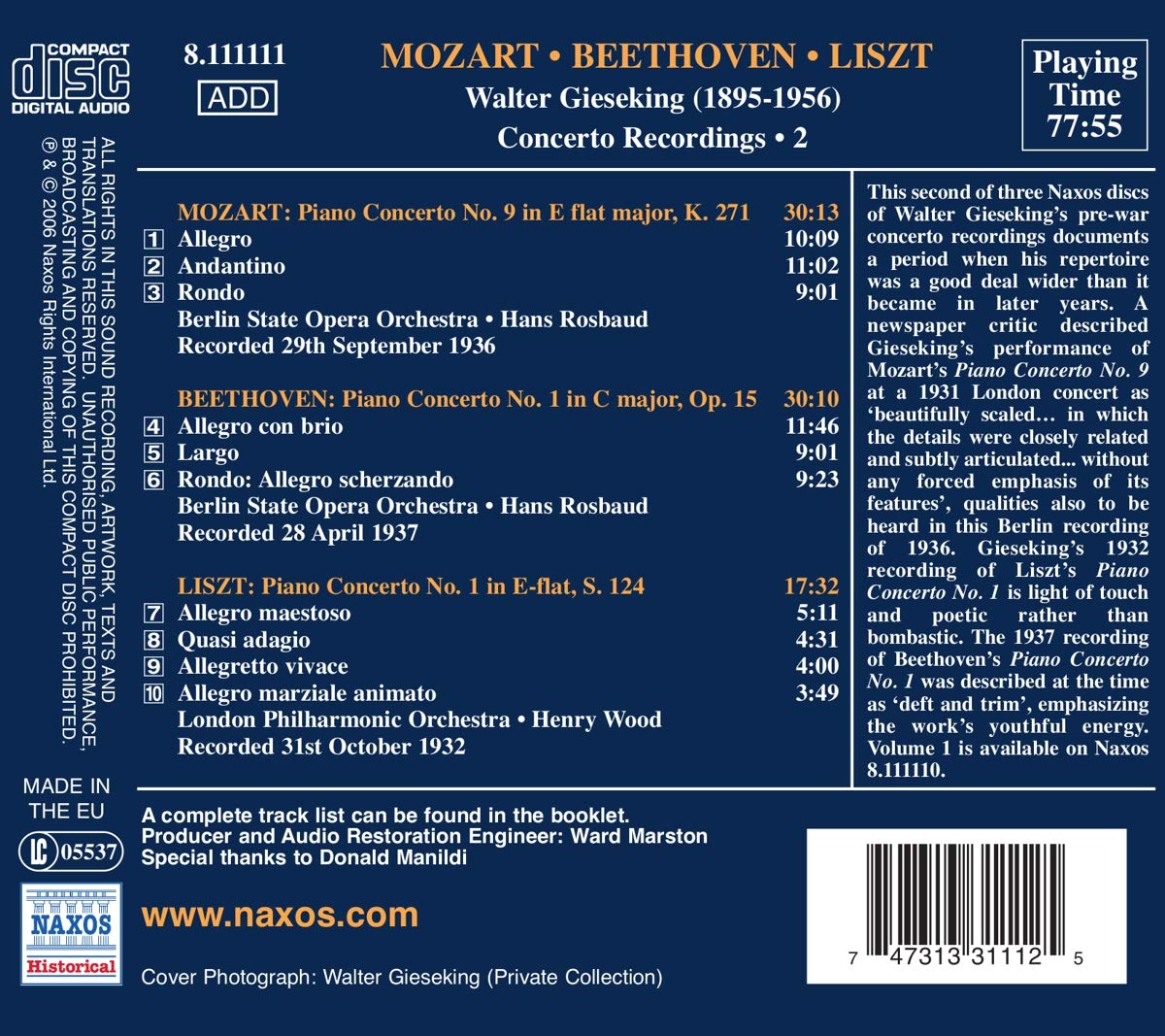 Walter Gieseking 모차르트: 피아노 협주곡 9번 / 베토벤: 피아노 협주곡 1번 / 리스트: 피아노 협주곡 1번 (Mozart: Piano Concerto K.271 'Jeunehomme' / Beethoven: Piano Concerto Op.15 / Liszt: Piano Concert