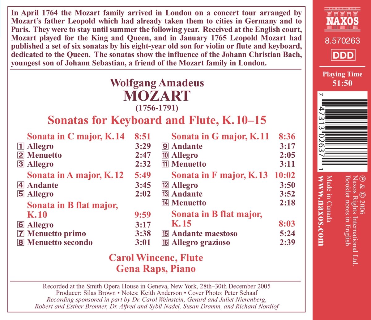 Carol Wincenc 모차르트: 플루트 소나타 5-10번 (Mozart: Sonatas for Keyboard and Flute, K.10-15) 