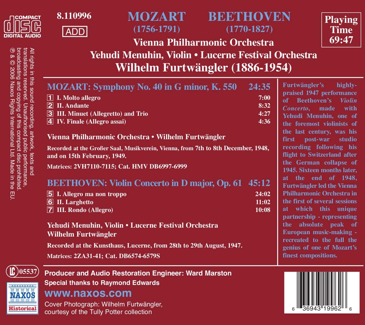 Wilhelm Furtwangler 모차르트: 교향곡 40번 / 베토벤: 바이올린 협주곡 D장조 (Mozart: Symphony K.550 / Beethoven: Violin Concerto Op.61) 