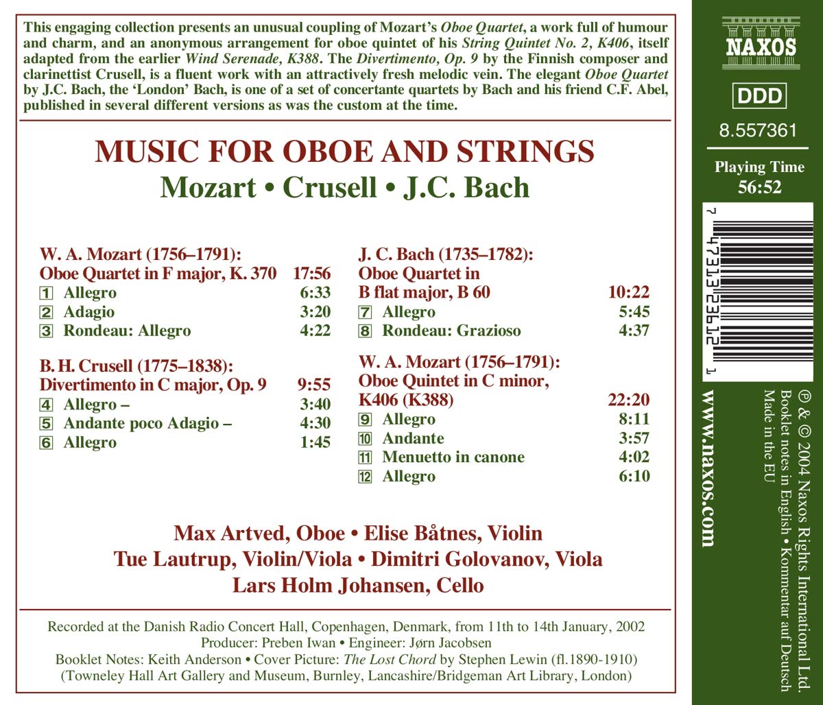 Max Artved 모차르트: 오보에 사중주 F장조, C단조 / 요한 크리스티안 바흐: 오보에 사중주 내림 B장조 (Mozart: Oboe Quartets K.370, K.406 / J.C.Bach: Oboe Quartet B60) 