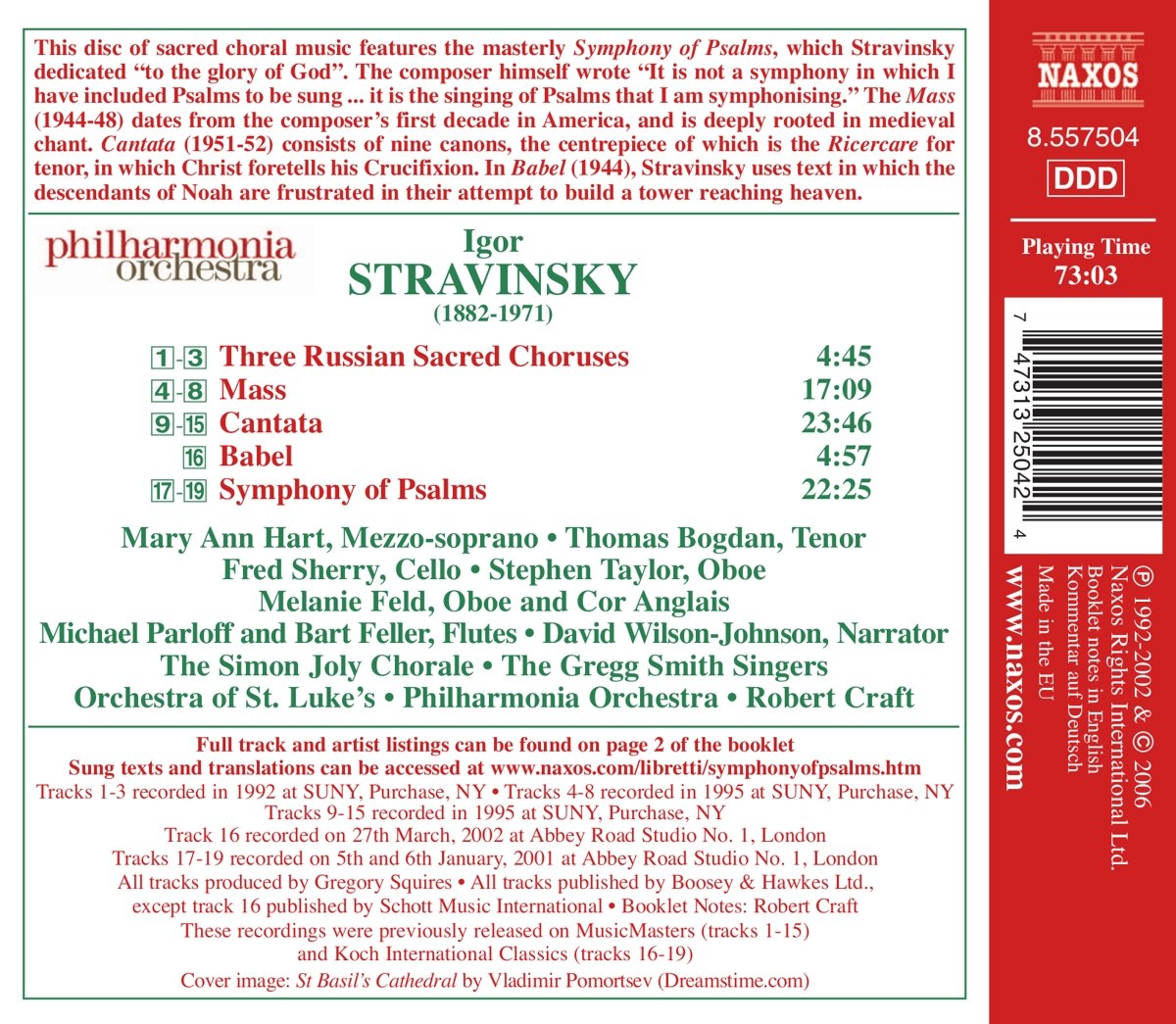 Robert Craft 스트라빈스키: 시편 교향곡, 미사, 칸타타 외 (Stravinsky: Symphony of Psalms, Mass, Cantata) 