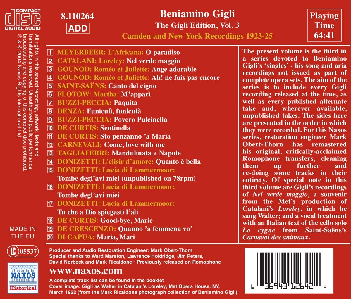 Benjamino Gigli 베냐미노 질리 - 에디션 3집 (Edition Vol. 3 - The Camden And New York Recordings) 
