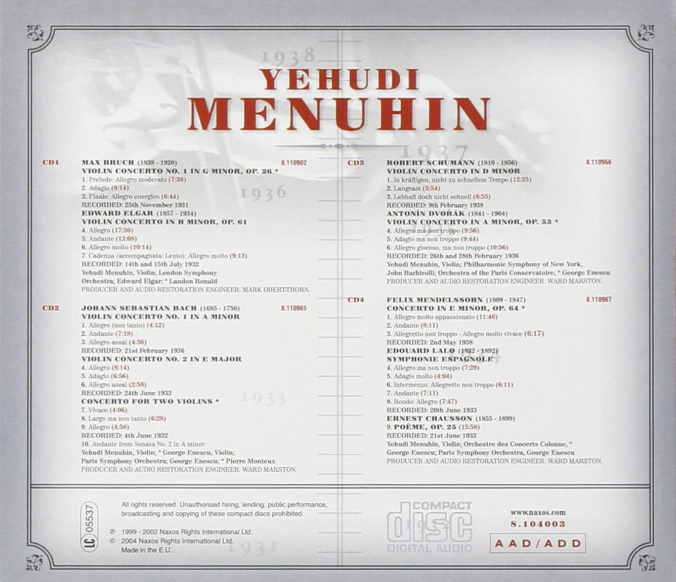 예후디 메누힌이 연주하는 바이올린 협주곡 모음 (Yehudi Menuhin Plays The Great Concertos) 