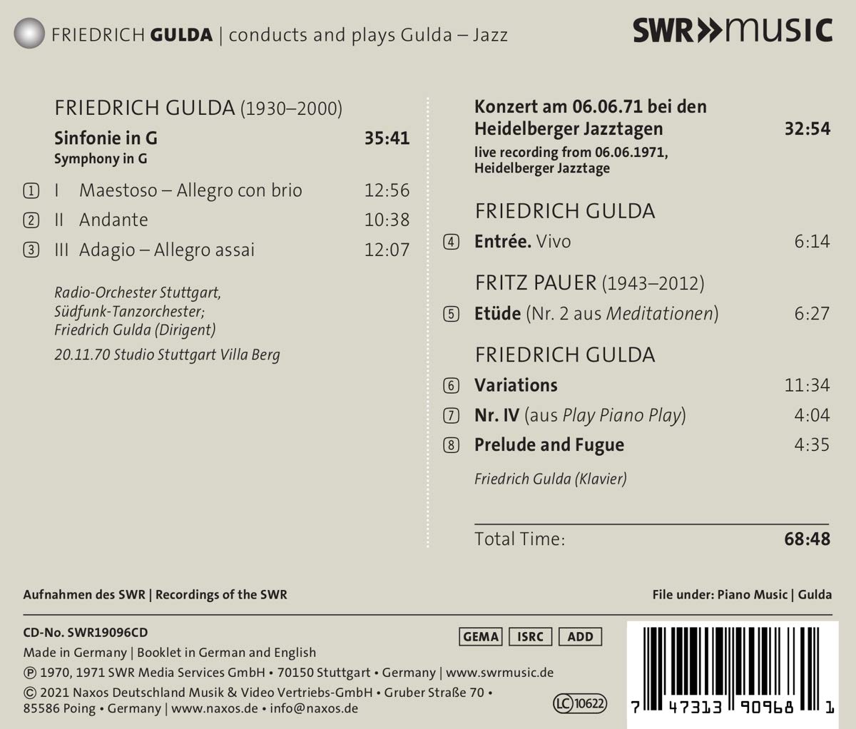 Friedrich Gulda 프리드리히 굴다 - 자작곡: 교향곡 G장조, 변주곡, 프렐류드와 푸가, 앙트레 (Symphony in G, Variations, Prelude and Fugue, Entree) 