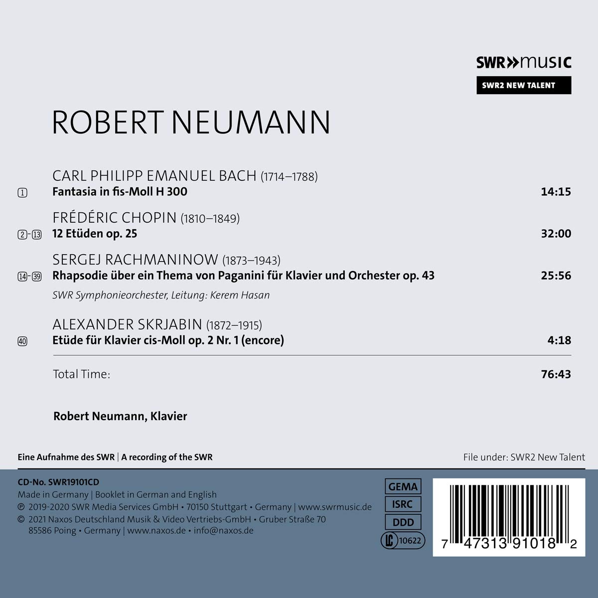 Robert Neumann 카를 필립 엠마누엘 바흐: 환상곡 / 쇼팽: 12개의 에튀드 / 라흐마니노프: 파가니니 랩소디 외 (C.P.E.Bach: Fantasia H300 / Chopin: 12 Etudes Op.25 / Rachmaninov: Paganini Rhapsody Op.43)