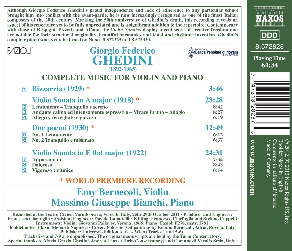 Massimo Giuseppe BIanchi 게디니: 바이올린과 피아노를 위한 작품들 (Ghedini : Complete Works For Violin and Piano) 