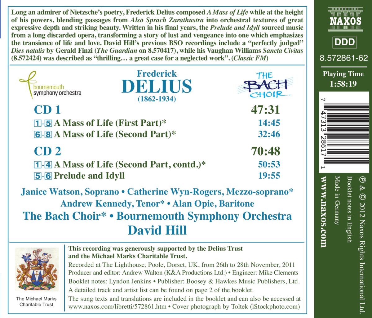 David Hill 프레데릭 델리우스: 생명의 미사, 전주곡과 전원곡 (Frederick Delius: A Mass of Life, Prelude and Idyll) 