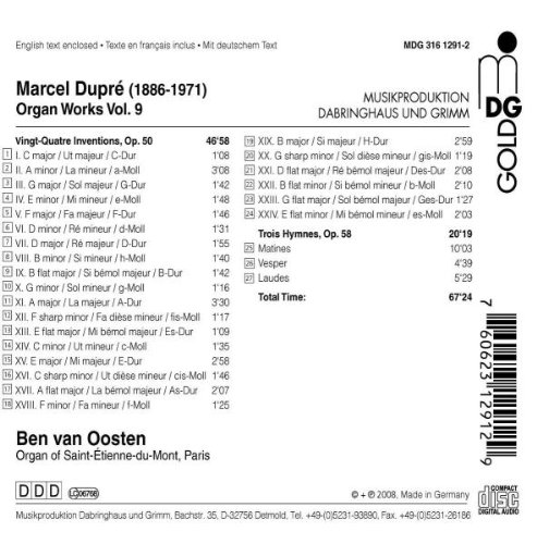 Ben van Oosten 마르셀 뒤프레: 오르간 작품집 9집 (Marcel Dupre: Organ Works Vol. 9) 