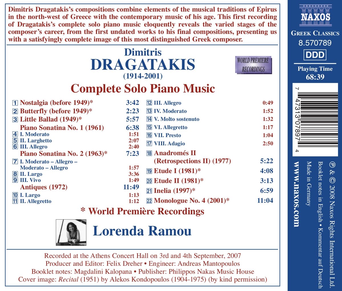 Lorenda Ramou 드라가타키스: 피아노 작품 전집 (Dragatakis: Complete Solo Piano Music) 