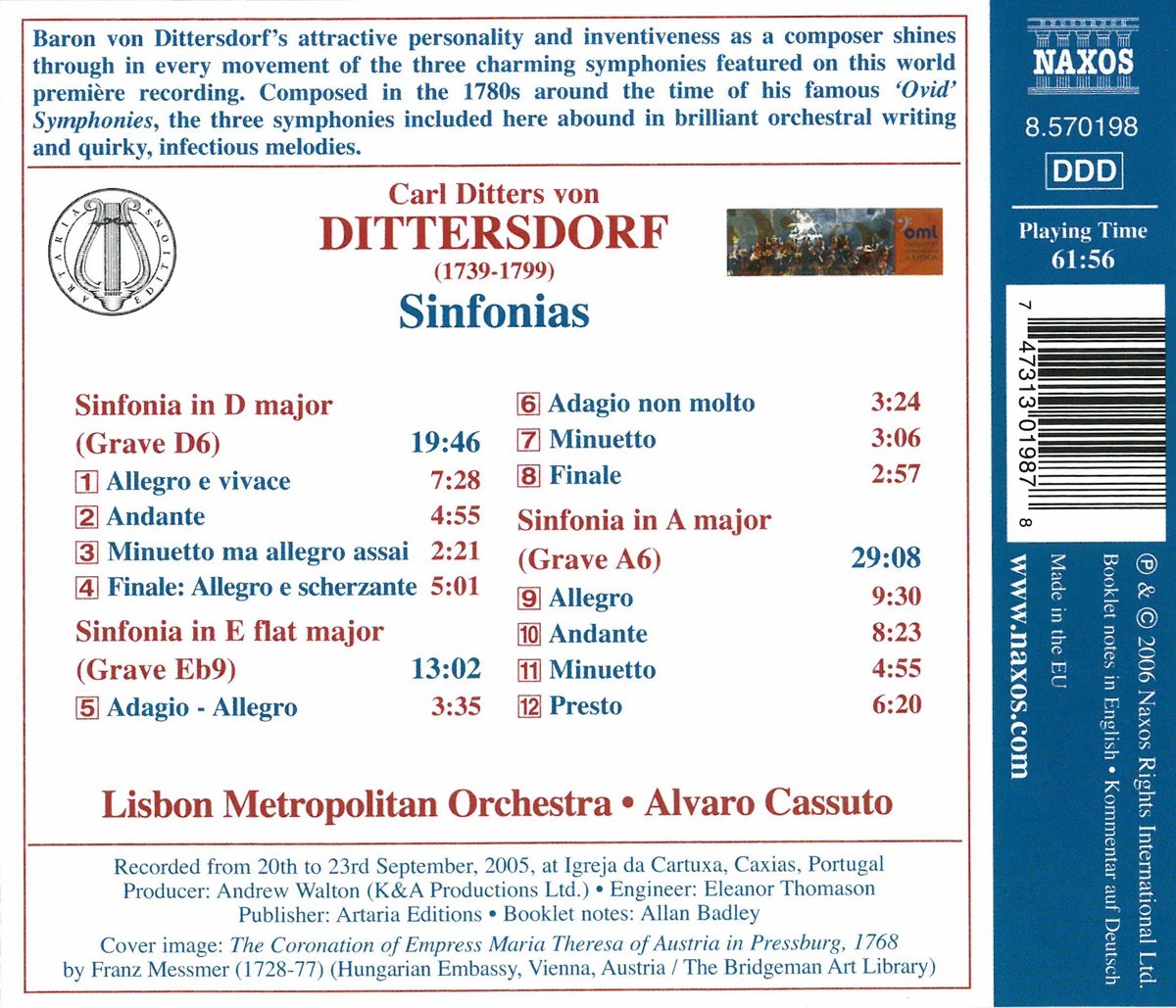 Alvaro Cassuto 디터스도르프: 교향곡 D장조, A장조, Eb장조 (Dittersdorf: Symphonies In D Major, A Major And E Flat Major) 