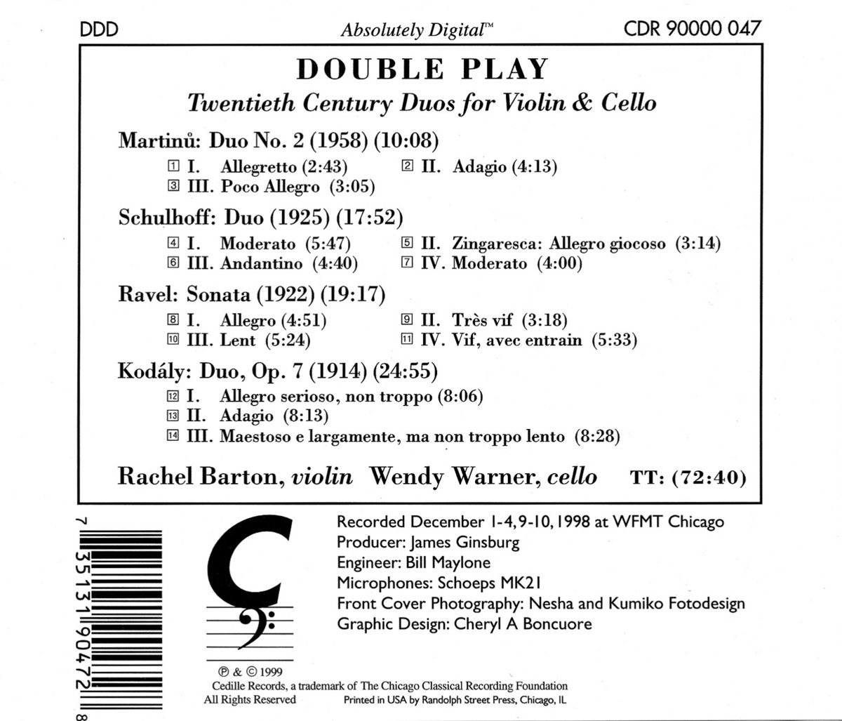 Wendy Warner / Rachel Barton 라벨 / 코다이 / 마르티누 / 슐호프: 바이올린과 첼로를 위한 이중주 (Ravel / Kodaly / Martinu / Schulhoff: Double Play for Violin and Cello)