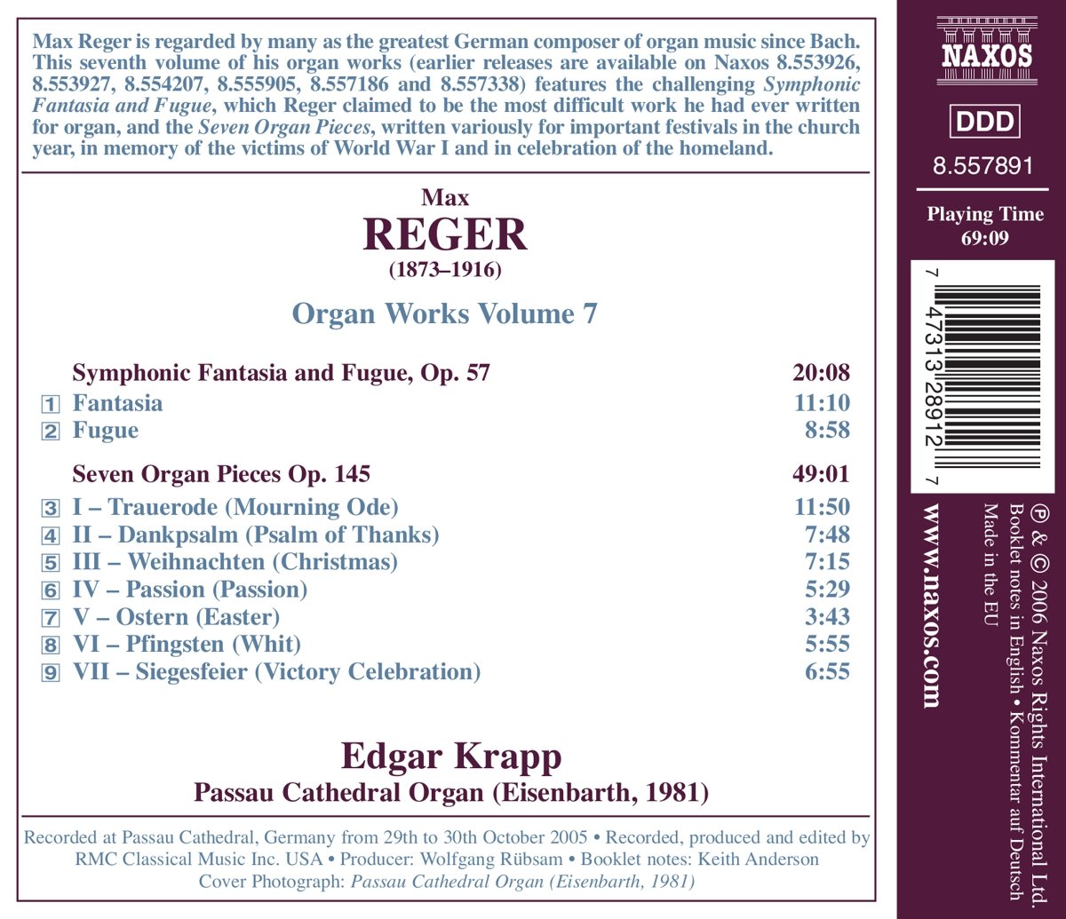 Edgar Krapp 막스 레거: 오르간 작품집 7집 (Max Reger: Oragan Works Vol. 7 - Symphonic Fantasia and Fugue, Sevne Organ Pieces) 