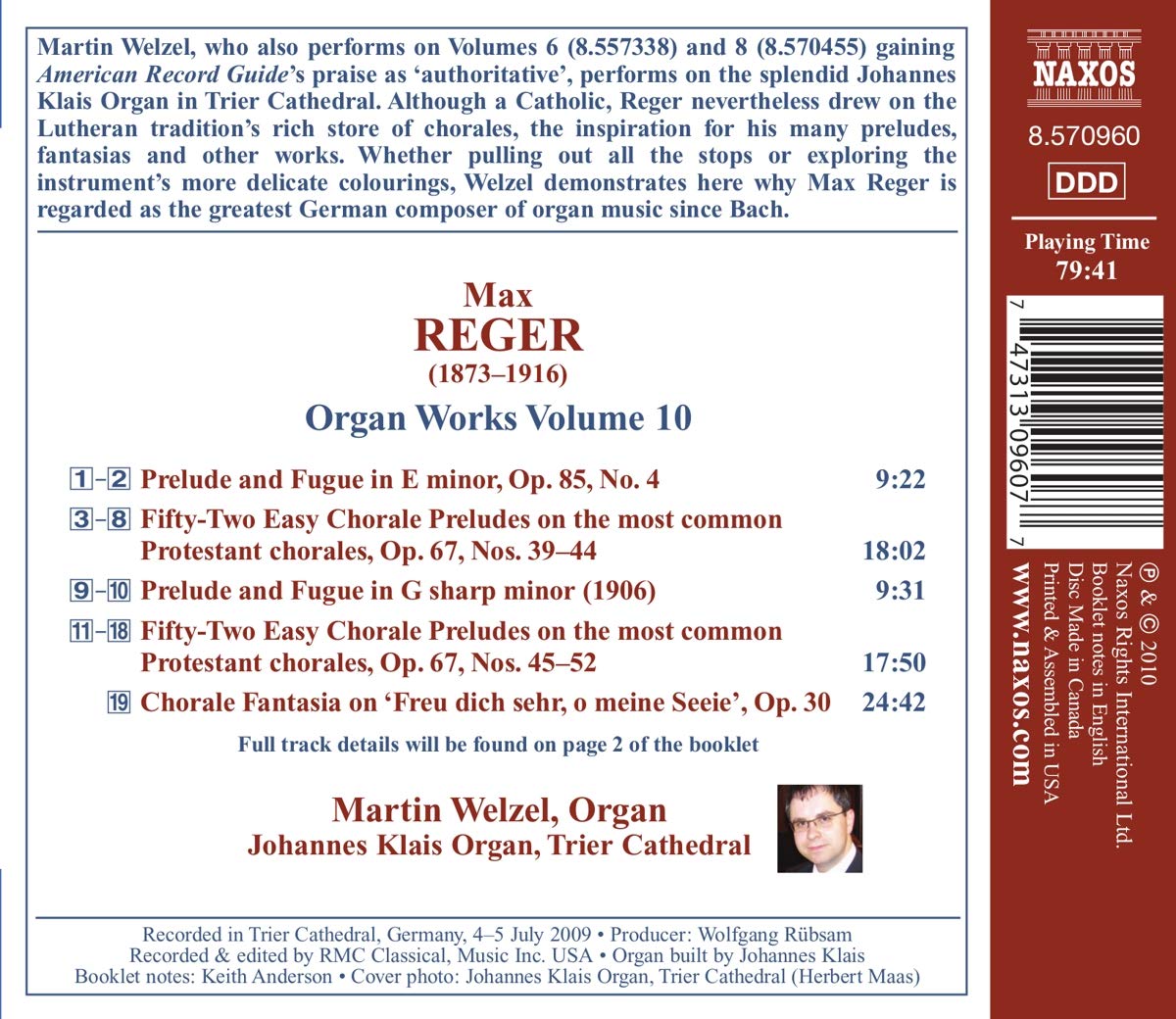 Martin Welzel 막스 레거: 오르간 작품집 10집 (Max Reger: Organ Works Vol. 10 - Prelude and Fugue, Chorale Preludes, Chorale Fantasia) 