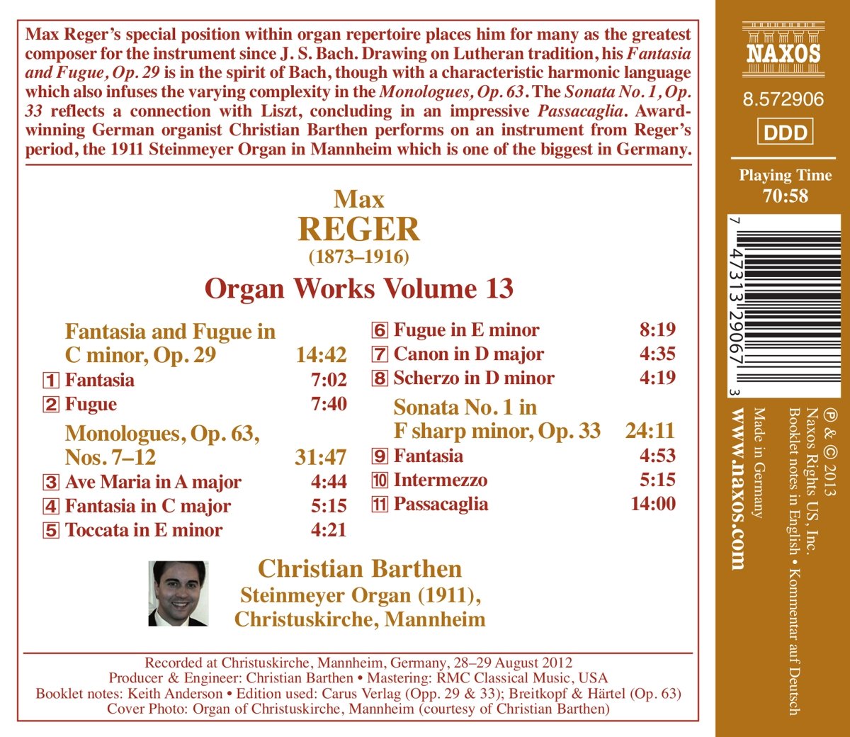 Christian Barthen 막스 레거: 오르간 작품집 13집 - 환상곡과 푸가, 독백, 소나타 1번 (Max Reger: Organ Works Vol. 13 - Monologues Nos. 7-12, Sonata No.1, Fantasia and Fugue in C minor