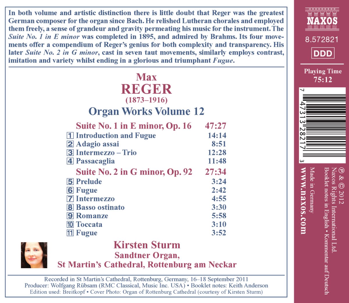 Kirsten Sturm 막스 레거: 오르간 작품집 12집 (Max Reger: Organ Works Vol. 12 - Organ Suites Nos.1, 2) 