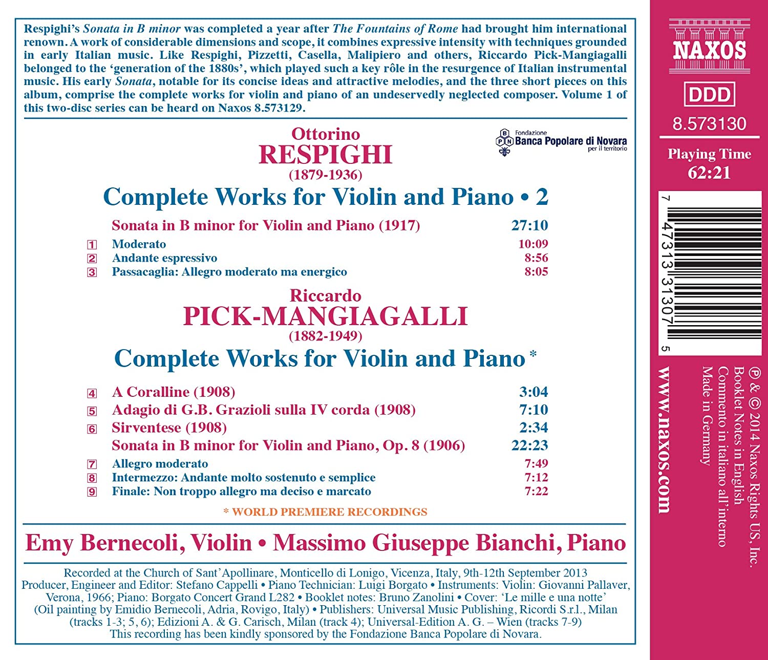 Emy Bernecoli 레스피기: 바이올린 소나타 2집 (Respighi: Works for Violin & Piano Vol. 2)