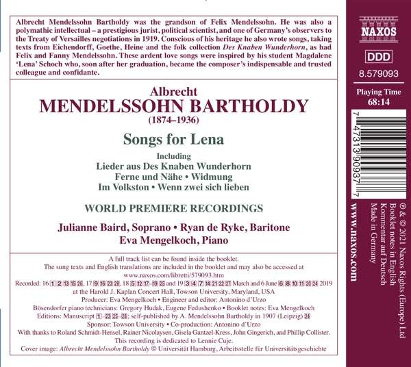 Julianne Baird 알브레흐트 멘델스존: 레나를 위한 노래, 어린이의 신기한 뿔피리 외 (Albrecht Mendelssohn Bartholdy: Songs for Lena, Lieder aus 'Des Knaben Wunderhorn') 