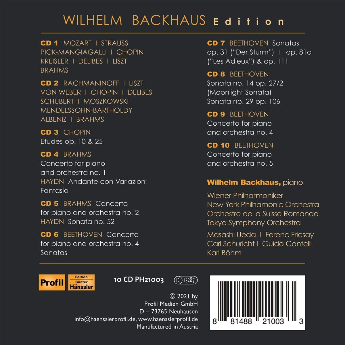 빌헬름 박하우스 에디션 (Wilhelm Backhaus Edition : Recordings 1908-1961)  