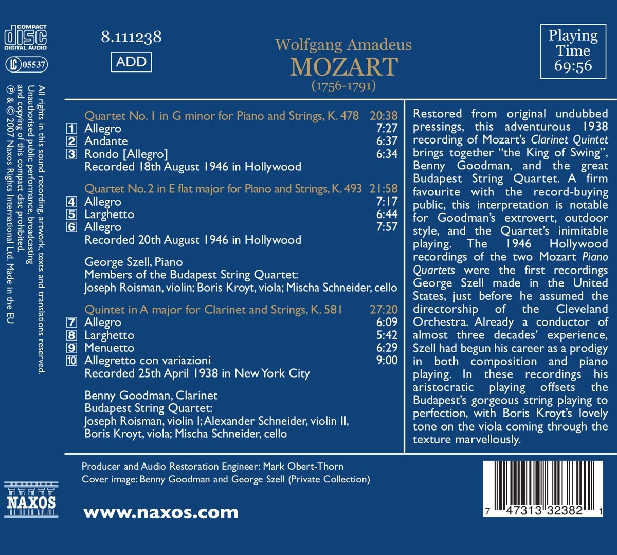 Benny Goodman 모차르트: 피아노 사중주 1, 2번, 클라리넷 오중주 (Mozart: Piano Quartets K.478, K.493, Clarinet Quintet K.581) 