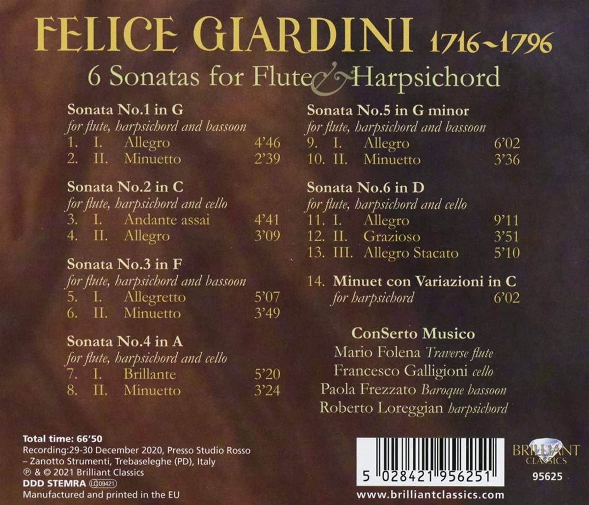 Conserto Musico 자르디니: 플루트와 하프시코드를 위한 소나타 (Felice Giardini: 6 Sonatas for Flute and Harpsichord) 