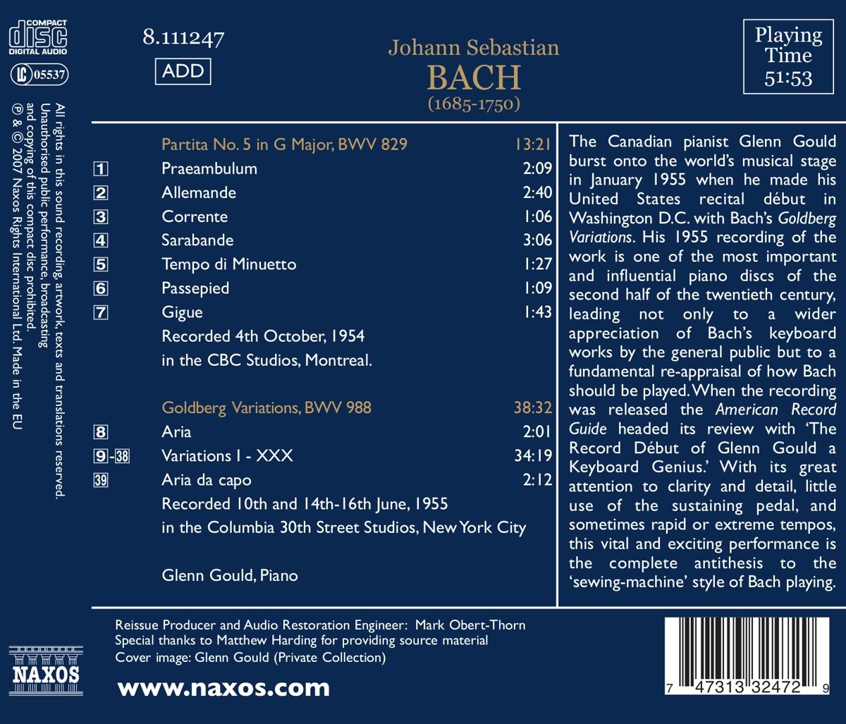 Glenn Gould 바흐: 골드베르크 변주곡, 파르티타 5번 [1954, 55년 녹음] - 글렌 굴드 (J.S.Bach: Goldberg Variations BWV988, Partita No.5 BWV829) 