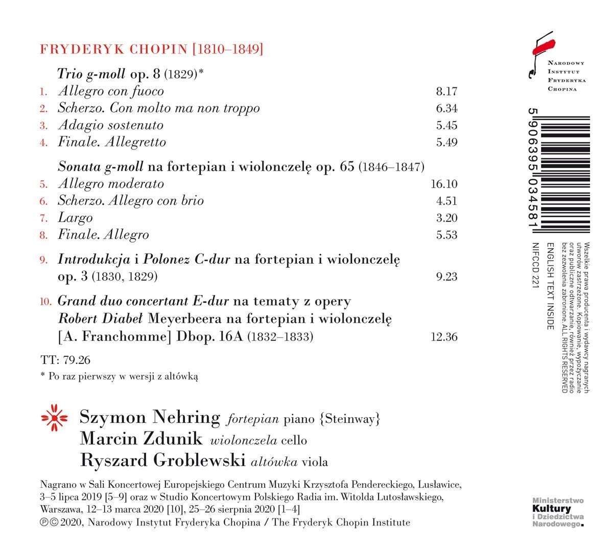 Szymon Nehring 쇼팽: 피아노 트리오 g단조, 첼로 소나타 외 (Chopin: Piano Trio Op.8, Cello Sonata Op.65) 