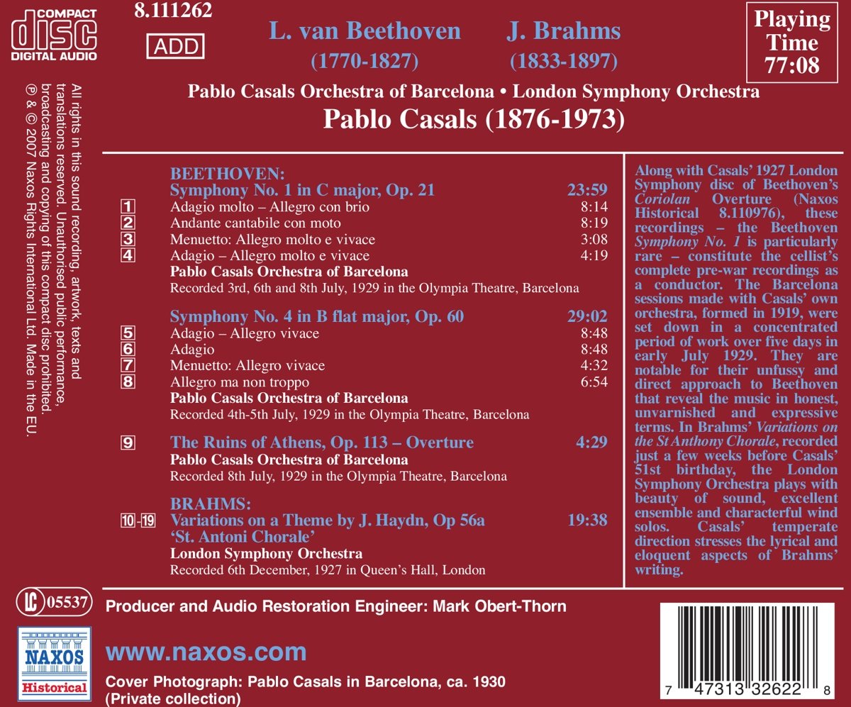 Pablo Casals 베토벤: 교향곡 1, 4번 / 브람스: 하이든 변주곡 (Beethoven: Symphonies Op.21, Op.60 / Brahms: Variations on a Theme by Haydn, Op. 56a, "St. Anthony Variations") 