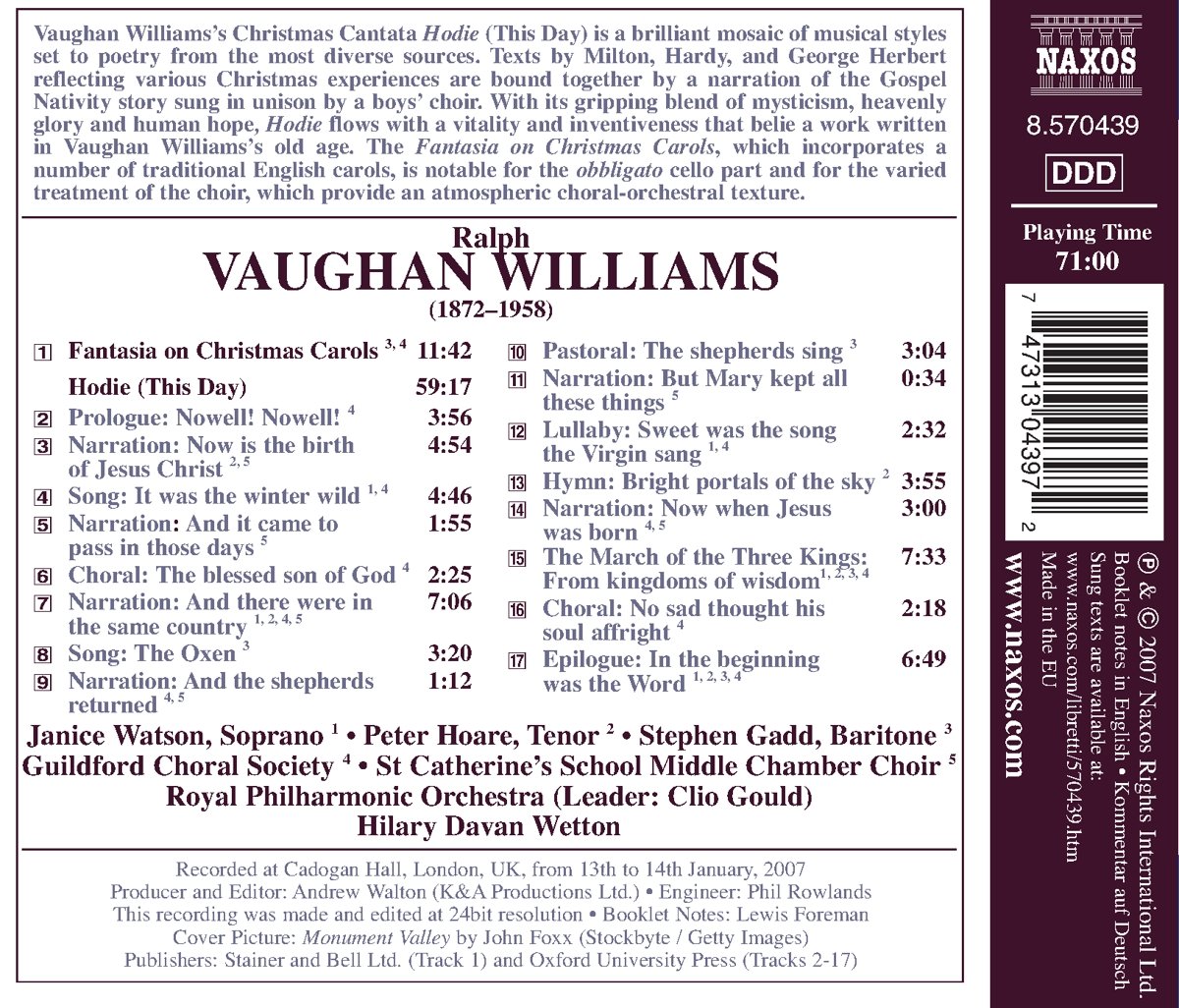 Hilary Davan Wetton 본 윌리엄스: 크리스마스 캐럴 판타지, 칸타타 '호디에' (Ralph Vaughan Williams: Fantasia on Christmas Carols, A Chistmas Cantata 'Hodie') 