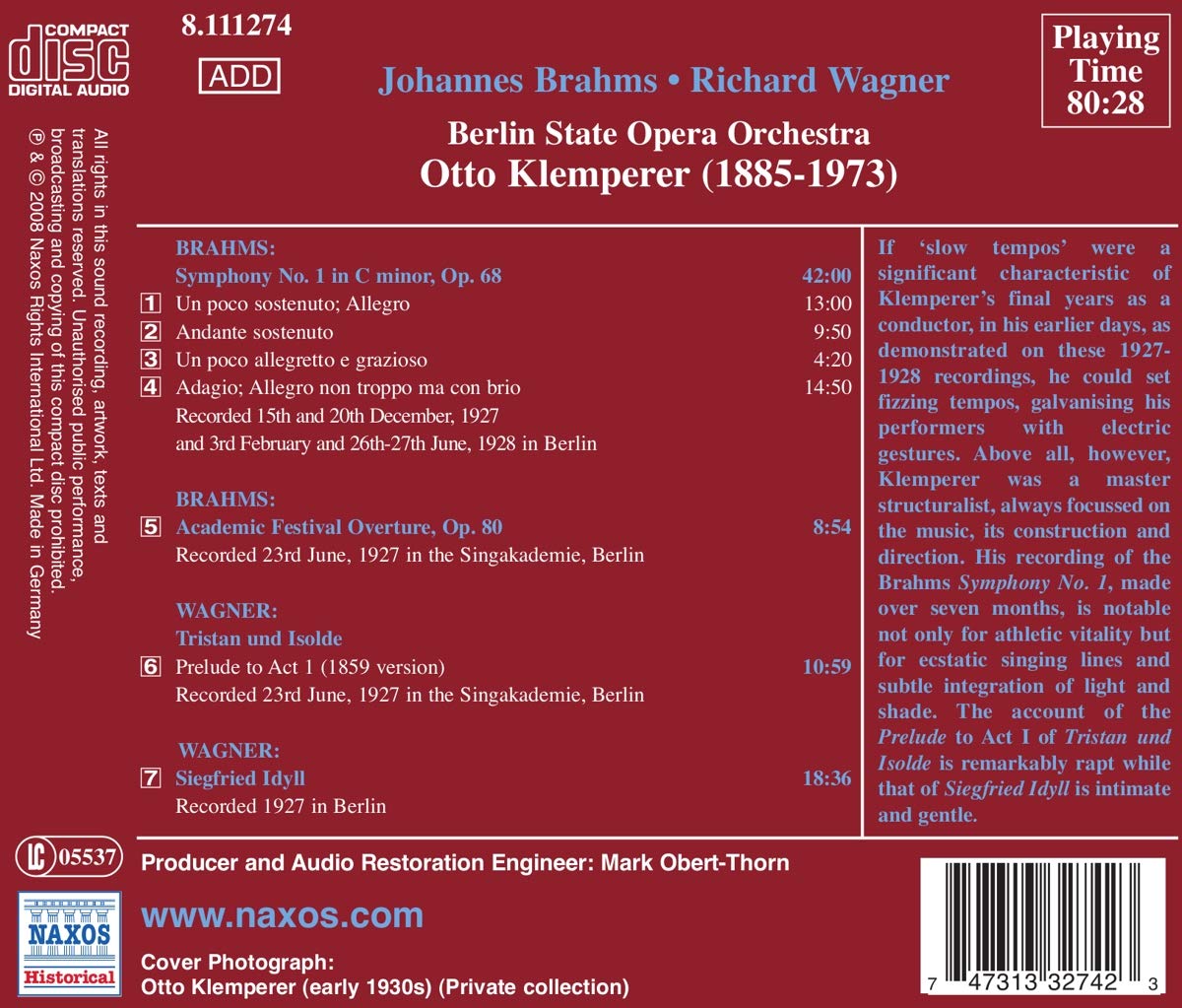 Otto Klemperer 브람스: 교향곡 1번, 대학축전서곡 / 바그너: 트리스탄과 이졸데 전주곡 외 (Brahms: Symphony Op.68 / Wagner: Academic Festival Overture Op.80) 