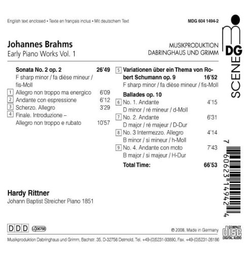 Hardy Rittner 브람스: 초기 피아노 작품집 1집 (Brahms: Early Piano Works Vol. 1) 