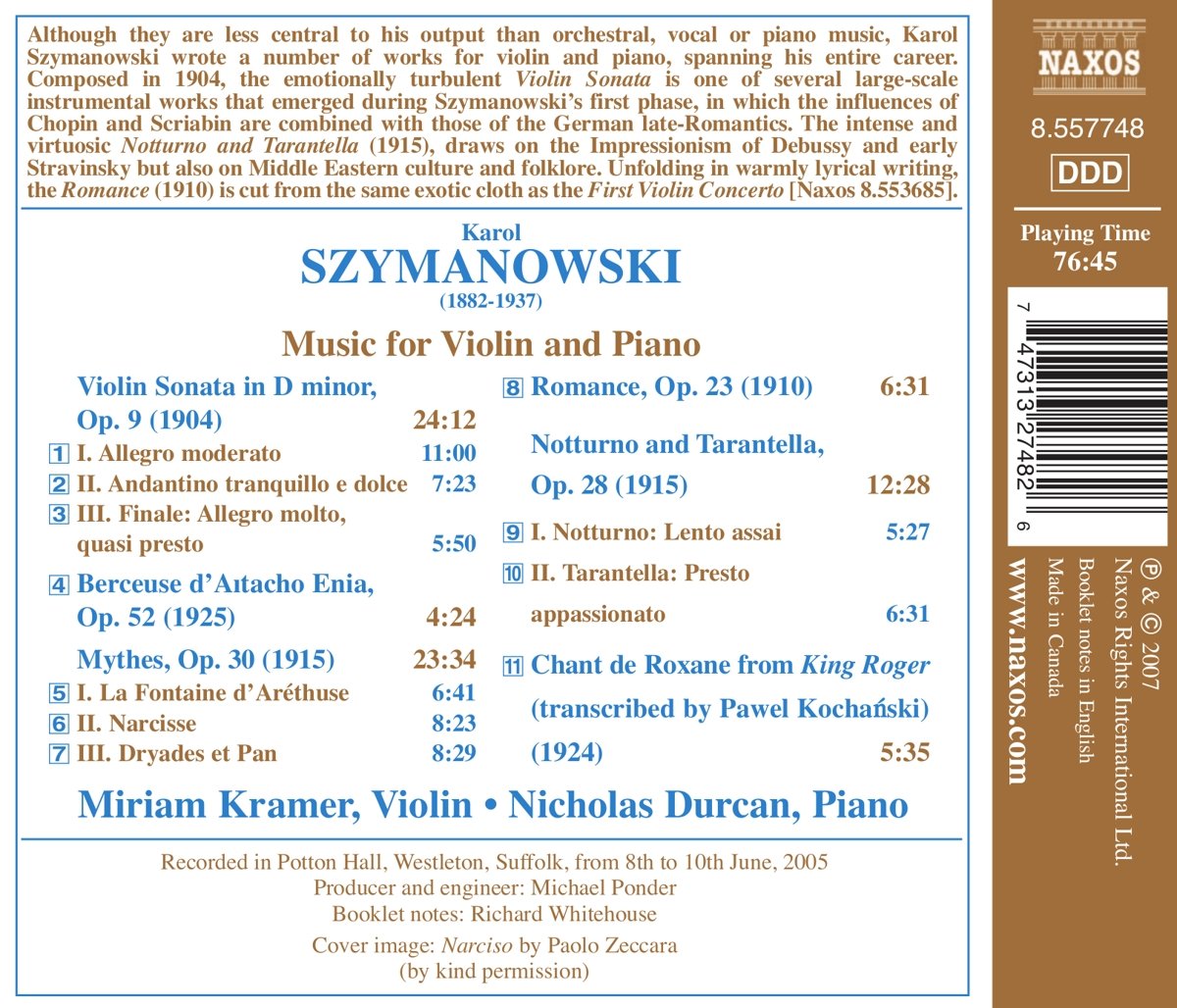 Miriam Kramer 시마노프스키: 바이올린 소나타, 전설, 로망스, 야상곡과 타란텔라 (Szymanowski: Violin Sonata Op,9, Mythes Op.30, Romance Op.23, Notturno and Tarantella Op.28)  